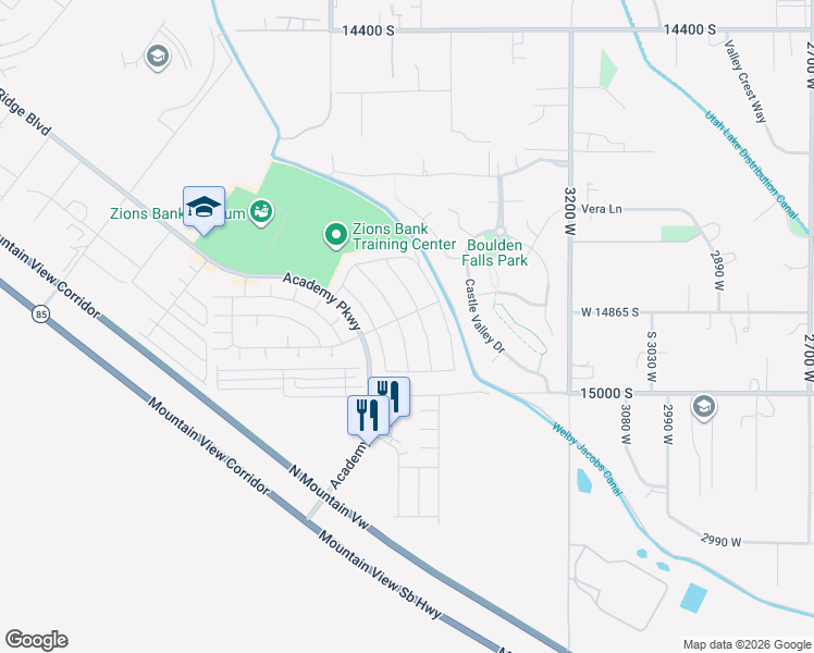 map of restaurants, bars, coffee shops, grocery stores, and more near 14893 Messi Street in Bluffdale