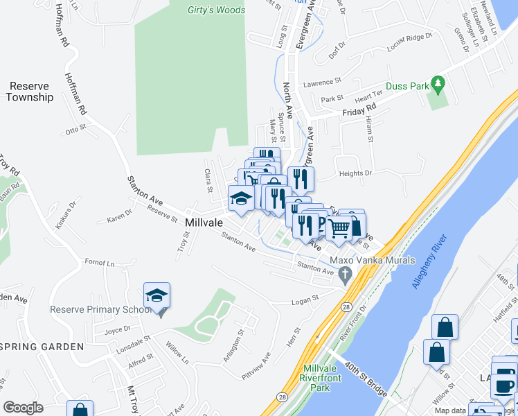 map of restaurants, bars, coffee shops, grocery stores, and more near 150 North Avenue in Millvale