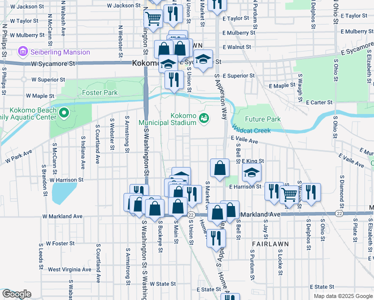 map of restaurants, bars, coffee shops, grocery stores, and more near 627 South Union Street in Kokomo