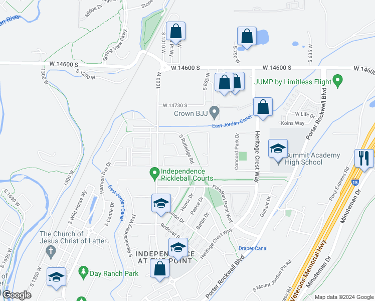 map of restaurants, bars, coffee shops, grocery stores, and more near South Rutledge Road in Bluffdale