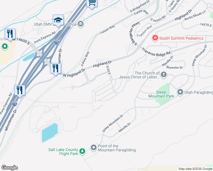 map of restaurants, bars, coffee shops, grocery stores, and more near 63 East Hawthorne Hill Lane in Draper