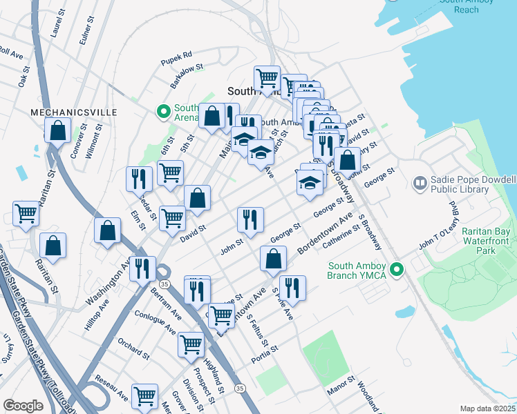 map of restaurants, bars, coffee shops, grocery stores, and more near 346 Henry Street in South Amboy