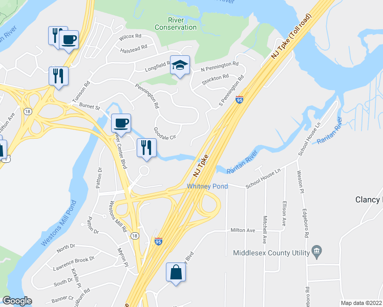 map of restaurants, bars, coffee shops, grocery stores, and more near 108 South Pennington Road in New Brunswick