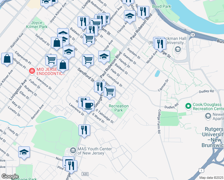 map of restaurants, bars, coffee shops, grocery stores, and more near 11 Sandford Street in New Brunswick