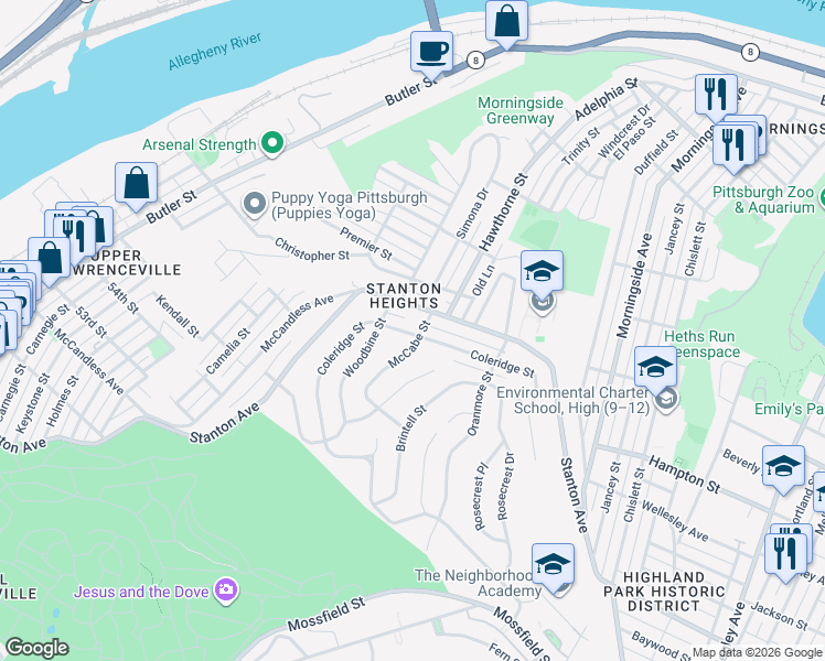 map of restaurants, bars, coffee shops, grocery stores, and more near 4602 Coleridge Street in Pittsburgh