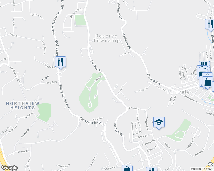 map of restaurants, bars, coffee shops, grocery stores, and more near 3073 Mount Troy Road in Pittsburgh