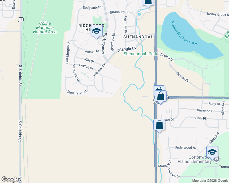map of restaurants, bars, coffee shops, grocery stores, and more near 7592 Triangle Drive in Fort Collins