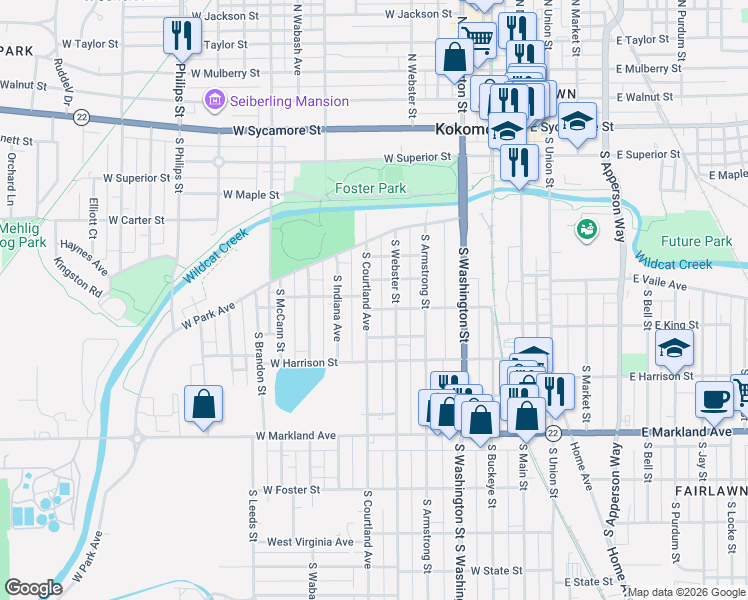 map of restaurants, bars, coffee shops, grocery stores, and more near 620 South Courtland Avenue in Kokomo