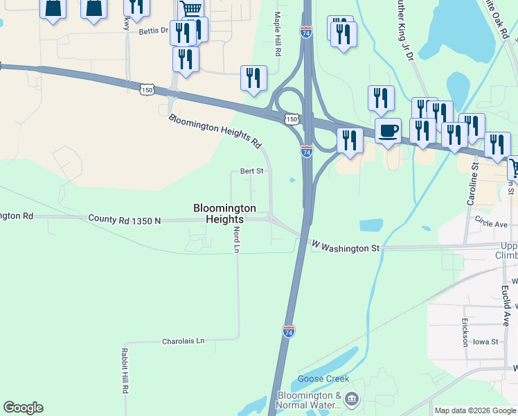 map of restaurants, bars, coffee shops, grocery stores, and more near 2001 Interurban Road in Bloomington