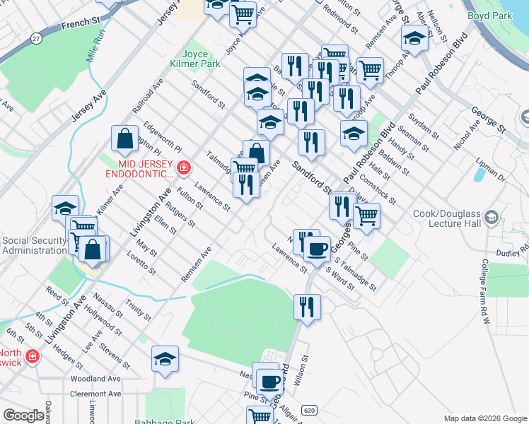 map of restaurants, bars, coffee shops, grocery stores, and more near 93 Lawrence Street in New Brunswick