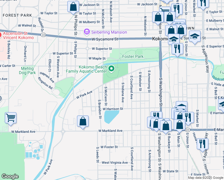 map of restaurants, bars, coffee shops, grocery stores, and more near 619 South Wabash Street in Kokomo