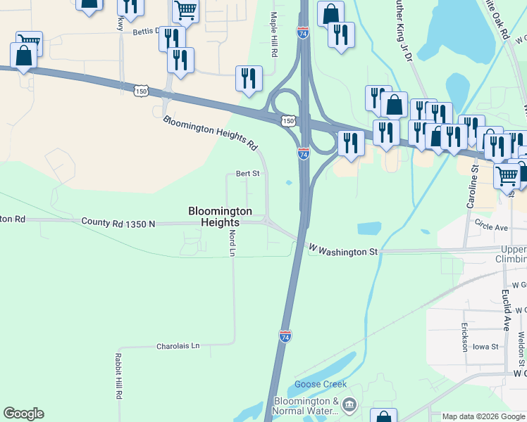 map of restaurants, bars, coffee shops, grocery stores, and more near 2001 Interurban Road in Bloomington
