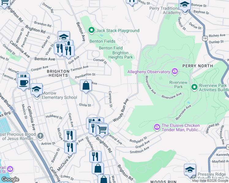 map of restaurants, bars, coffee shops, grocery stores, and more near 3529 Campus Street in Pittsburgh