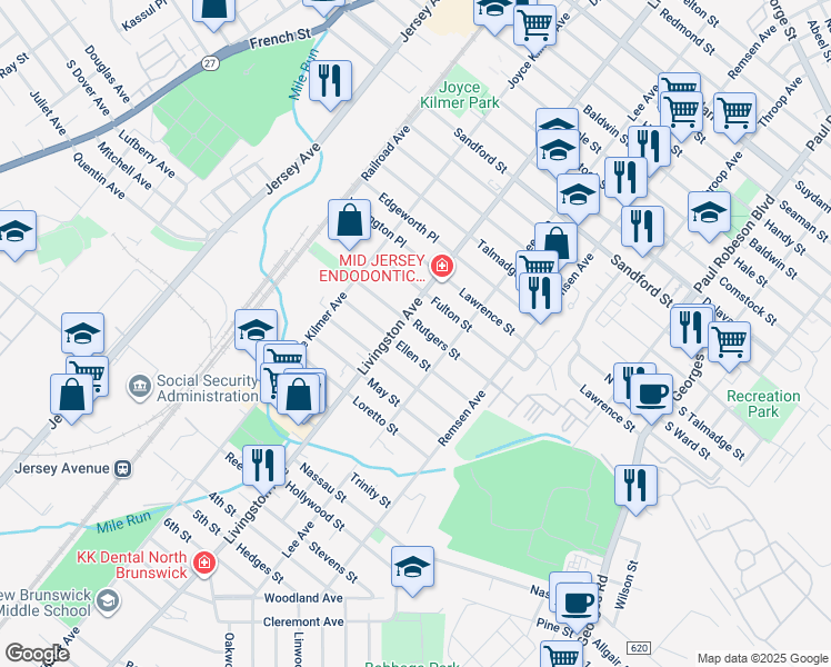 map of restaurants, bars, coffee shops, grocery stores, and more near 202 Rutgers Street in New Brunswick
