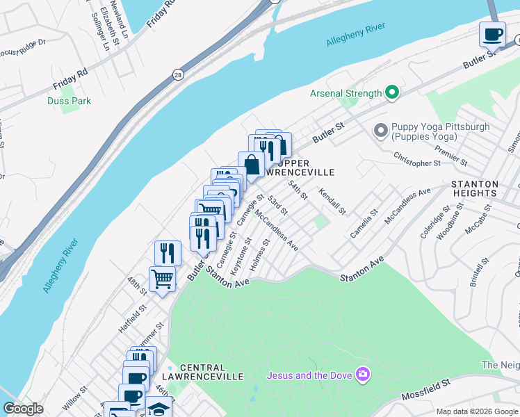 map of restaurants, bars, coffee shops, grocery stores, and more near in Pittsburgh