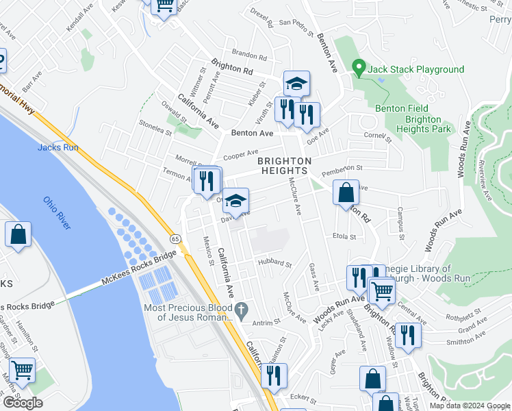 map of restaurants, bars, coffee shops, grocery stores, and more near 1519 Davis Avenue in Pittsburgh