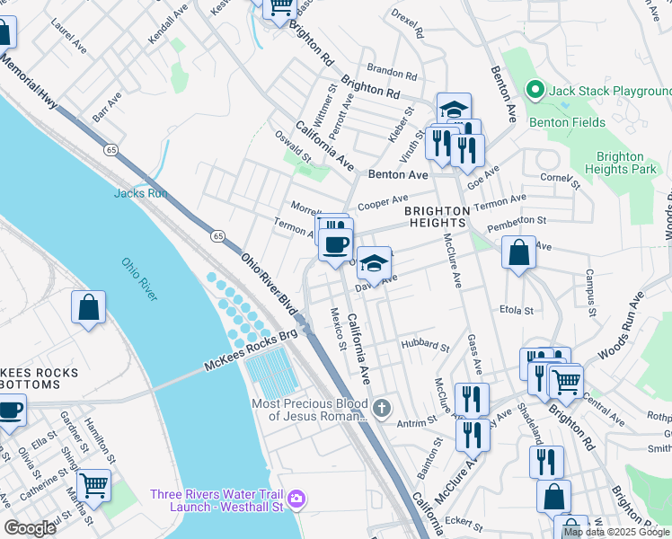 map of restaurants, bars, coffee shops, grocery stores, and more near 3615 California Avenue in Pittsburgh