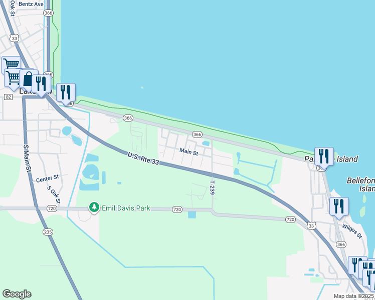 map of restaurants, bars, coffee shops, grocery stores, and more near 10777 West Main Street in Lakeview