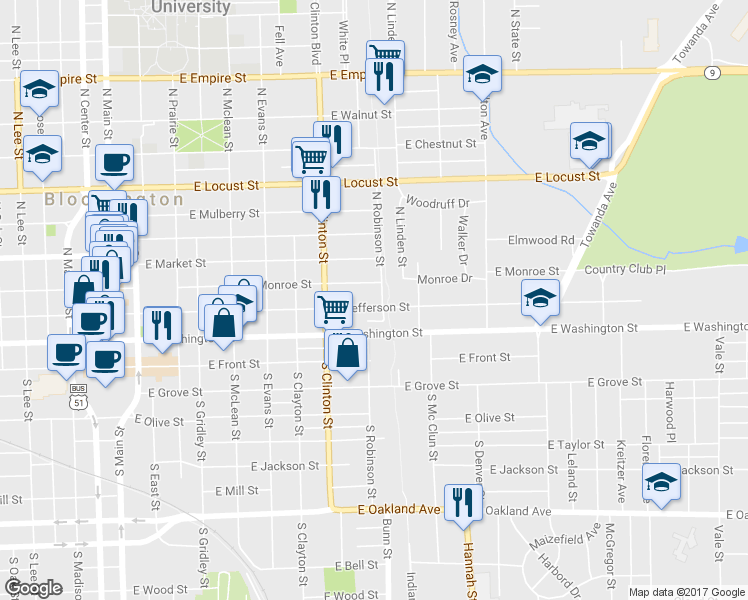 map of restaurants, bars, coffee shops, grocery stores, and more near 817 1/2 East Jefferson Street in Bloomington