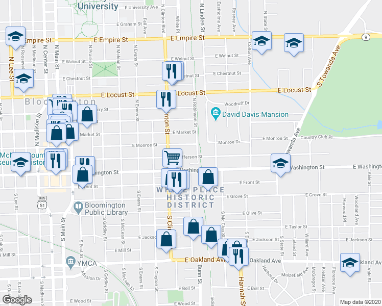 map of restaurants, bars, coffee shops, grocery stores, and more near 817 1/2 East Jefferson Street in Bloomington