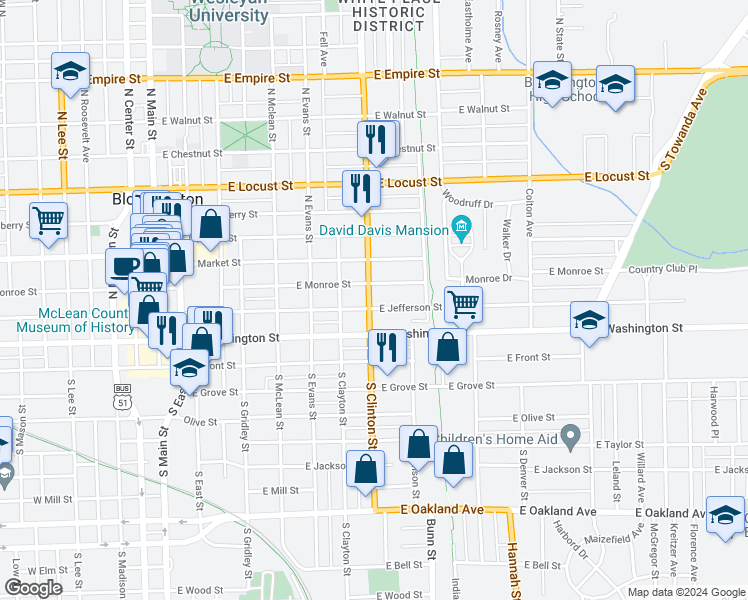 map of restaurants, bars, coffee shops, grocery stores, and more near in Bloomington