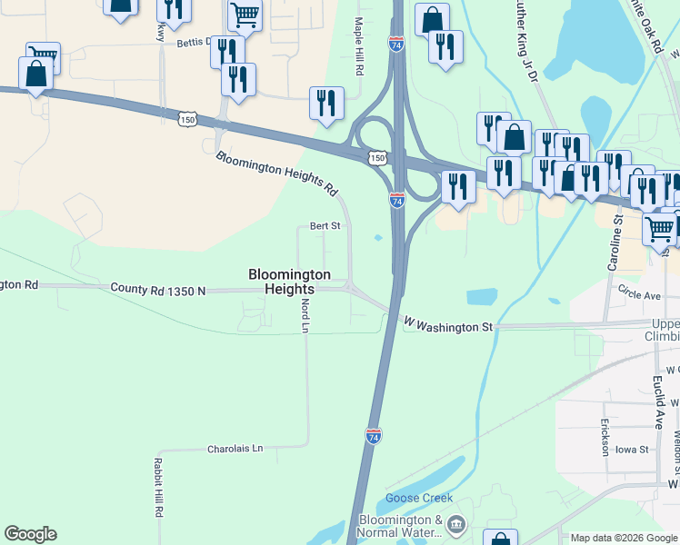 map of restaurants, bars, coffee shops, grocery stores, and more near 2001 Interurban Road in Bloomington