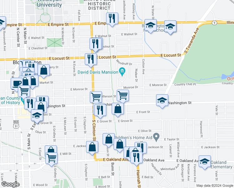 map of restaurants, bars, coffee shops, grocery stores, and more near 904 East Jefferson Street in Bloomington