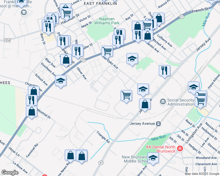map of restaurants, bars, coffee shops, grocery stores, and more near 14A Van Dyke Avenue in New Brunswick