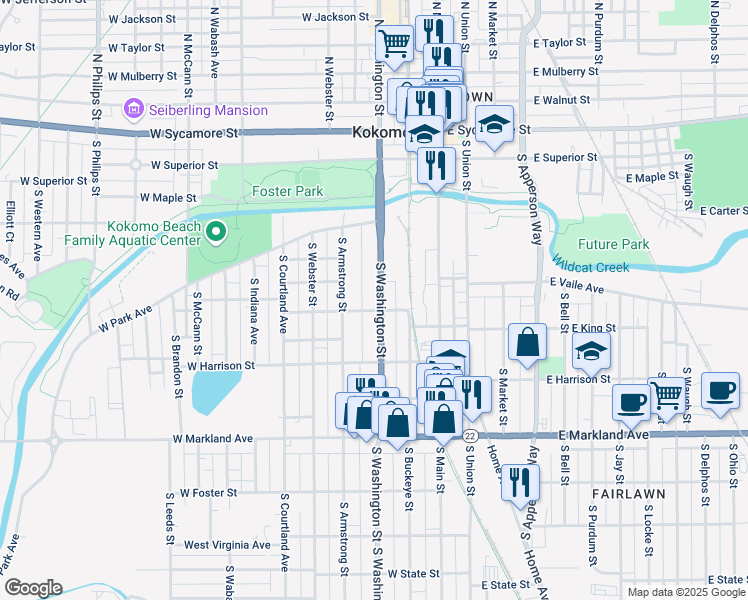 map of restaurants, bars, coffee shops, grocery stores, and more near 617 South Washington Street in Kokomo