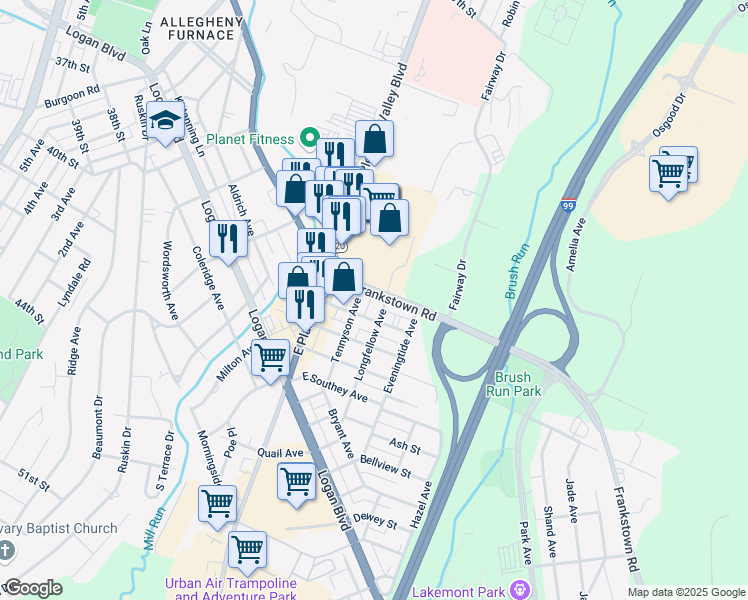 map of restaurants, bars, coffee shops, grocery stores, and more near 201-209 Byron Avenue in Altoona