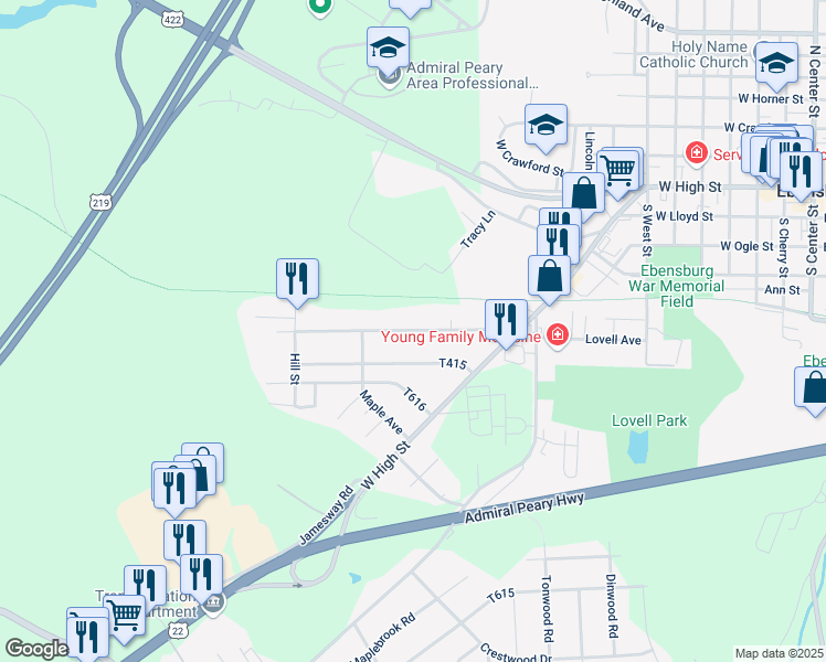map of restaurants, bars, coffee shops, grocery stores, and more near 314 Myers Street in Ebensburg