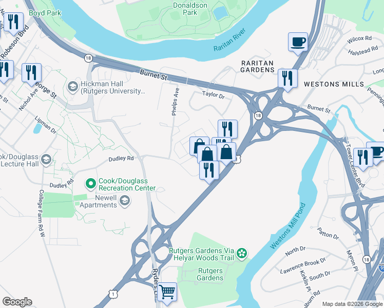 map of restaurants, bars, coffee shops, grocery stores, and more near 57 U.S. 1 in New Brunswick