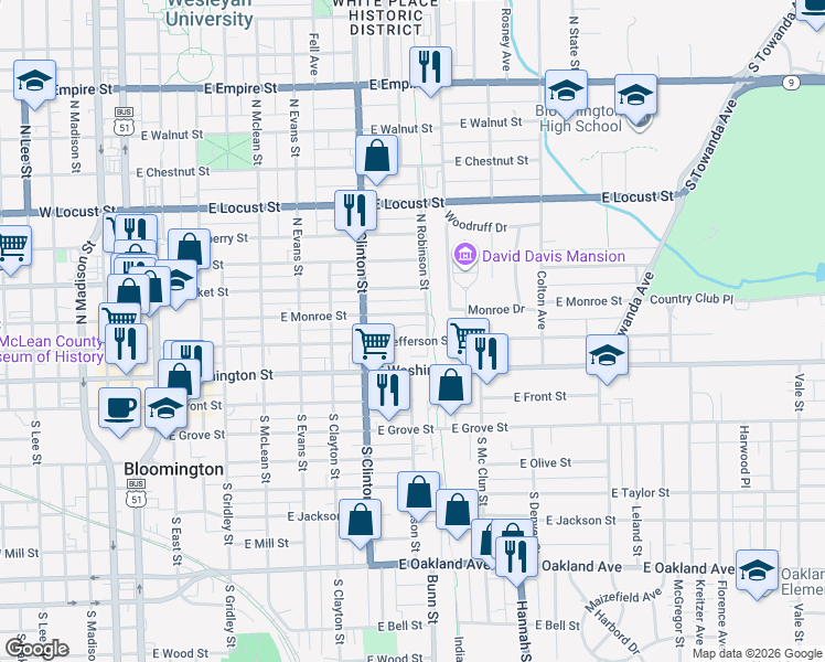 map of restaurants, bars, coffee shops, grocery stores, and more near 820 East Jefferson Street in Bloomington