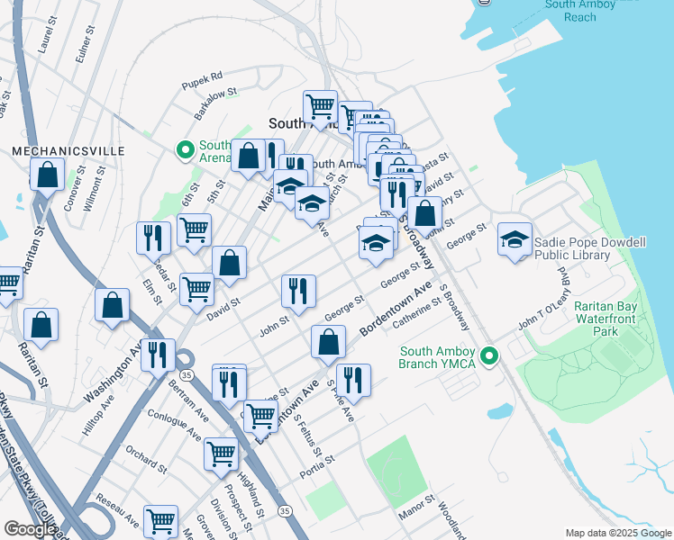 map of restaurants, bars, coffee shops, grocery stores, and more near 314 John Street in South Amboy