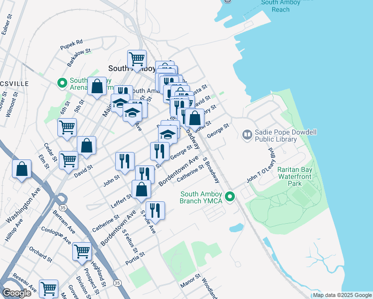 map of restaurants, bars, coffee shops, grocery stores, and more near 218 George Street in South Amboy