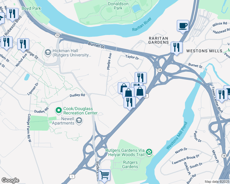 map of restaurants, bars, coffee shops, grocery stores, and more near 50 Labor Center Way in New Brunswick