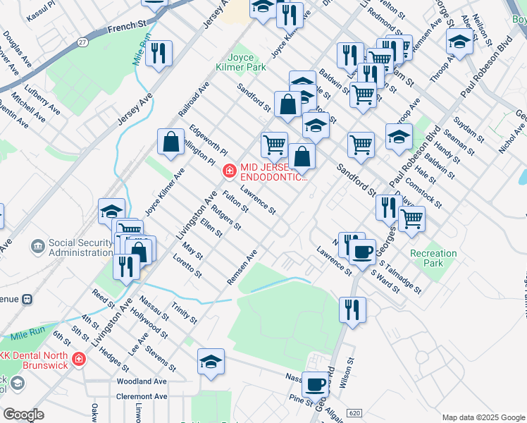 map of restaurants, bars, coffee shops, grocery stores, and more near 171 Fulton Street in New Brunswick