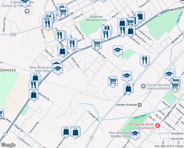 map of restaurants, bars, coffee shops, grocery stores, and more near 14A Van Dyke Avenue in New Brunswick