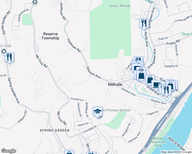 map of restaurants, bars, coffee shops, grocery stores, and more near 853 Reserve Street in Pittsburgh