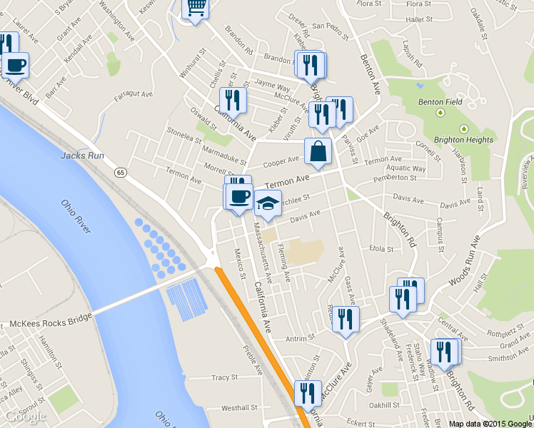 map of restaurants, bars, coffee shops, grocery stores, and more near 1612 Davis Avenue in Pittsburgh