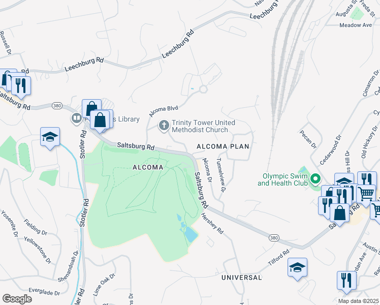 map of restaurants, bars, coffee shops, grocery stores, and more near 6735 Saltsburg Road in Pittsburgh