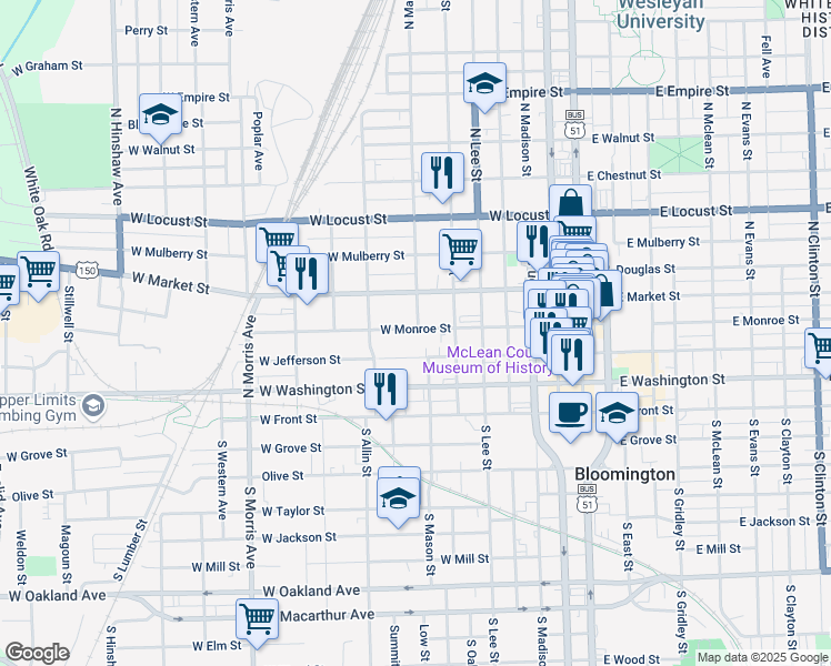 map of restaurants, bars, coffee shops, grocery stores, and more near 611 West Jefferson Street in Bloomington