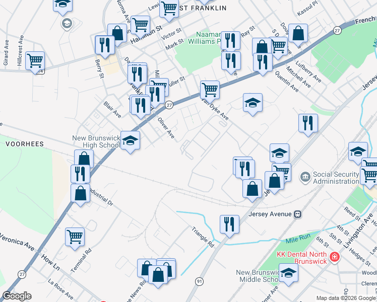 map of restaurants, bars, coffee shops, grocery stores, and more near 1216 Edpas Road in New Brunswick