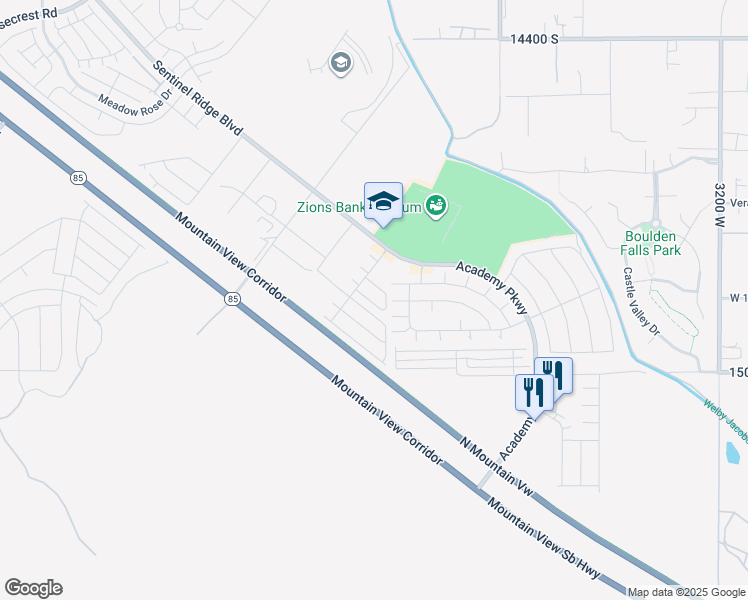 map of restaurants, bars, coffee shops, grocery stores, and more near 14898 Sliding Rock Way in Herriman