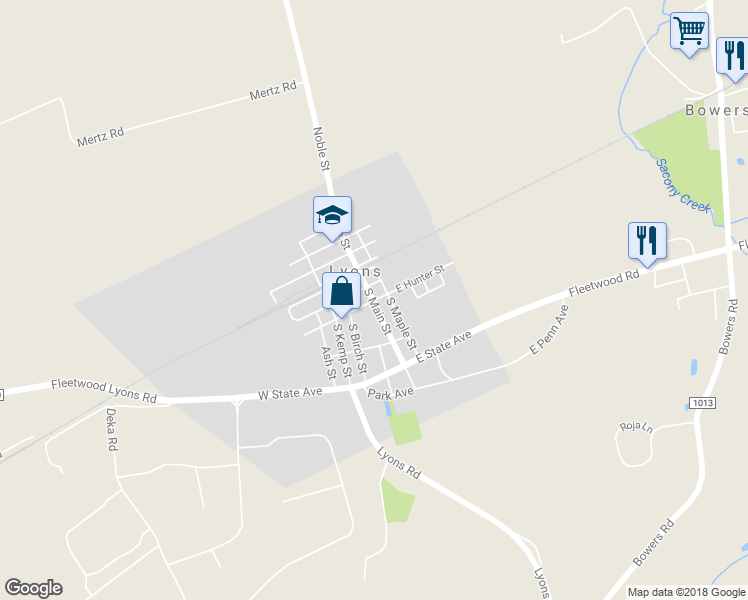 map of restaurants, bars, coffee shops, grocery stores, and more near 9 East Hunter Street in Lyons