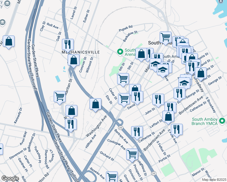 map of restaurants, bars, coffee shops, grocery stores, and more near 201 Cedar Street in South Amboy