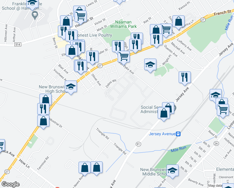 map of restaurants, bars, coffee shops, grocery stores, and more near 1216 Edpas Road in New Brunswick