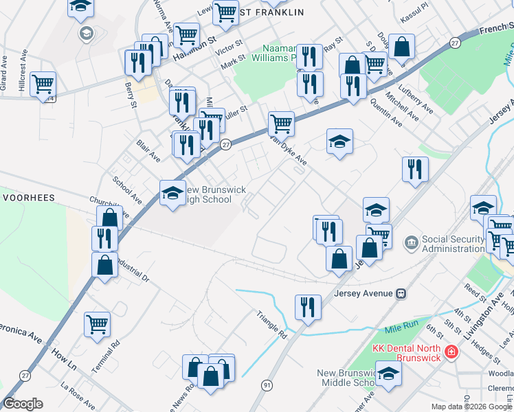 map of restaurants, bars, coffee shops, grocery stores, and more near 1216 Edpas Road in New Brunswick