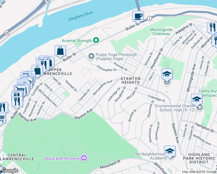 map of restaurants, bars, coffee shops, grocery stores, and more near in Pittsburgh