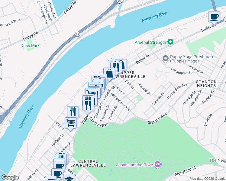 map of restaurants, bars, coffee shops, grocery stores, and more near in Pittsburgh